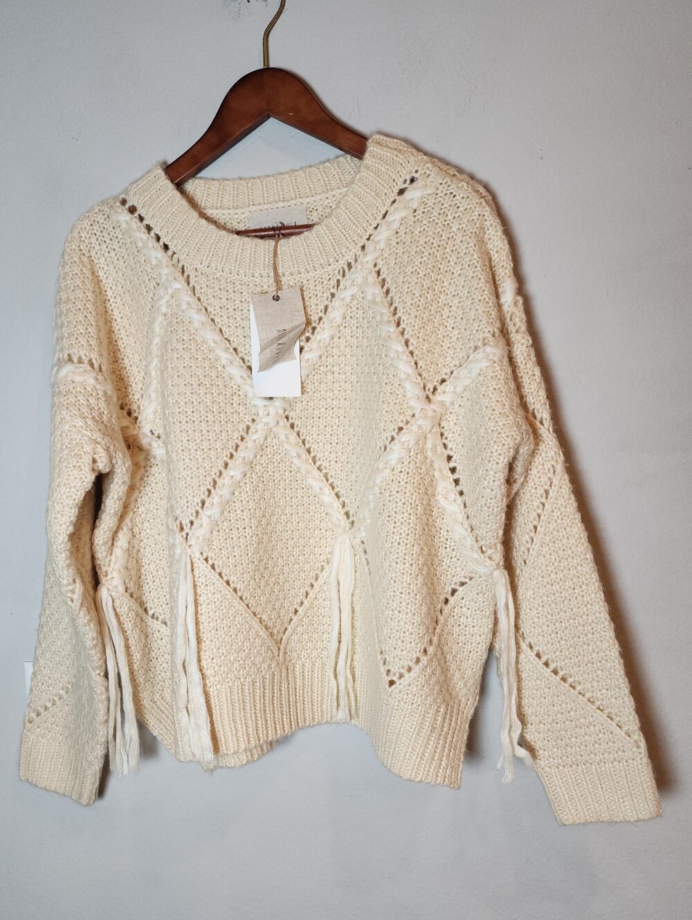 NWT Anthropologie Moon River Chunky Knit Cream Sweater Tassels Size M Relaxed